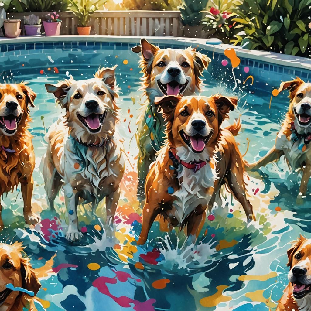 Vibrant Canine Splash Party in Joyful Watercolor