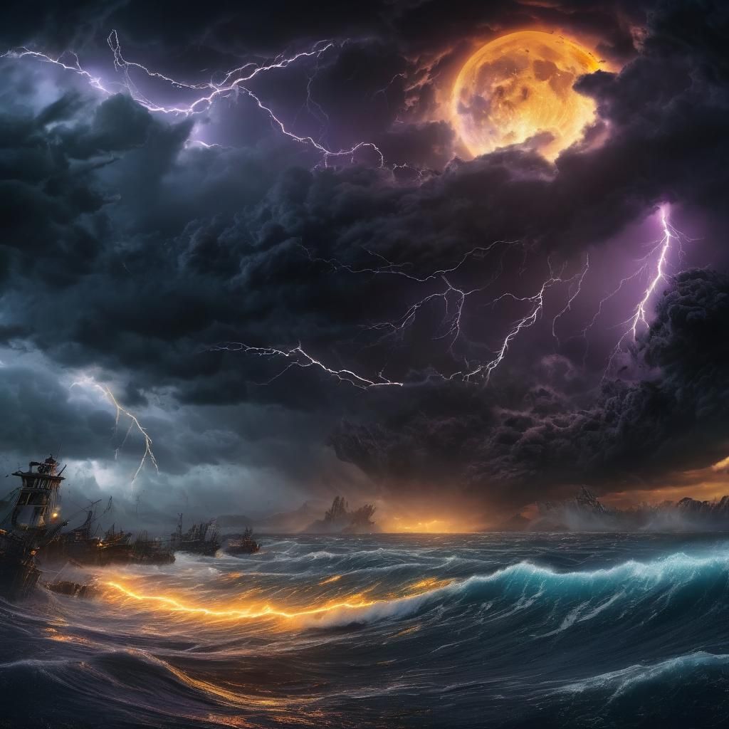 Cyberpunk Fantasy Landscape: Black Moon Over Turbulent Seas