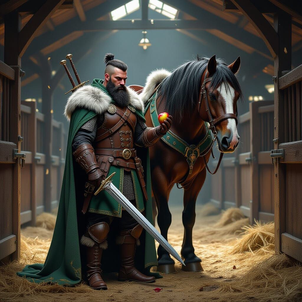 Witcher of the Bear Stroking Draft Horse