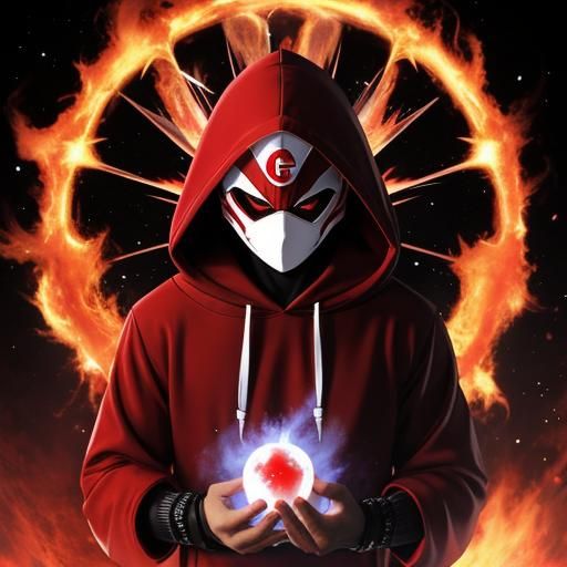 Mysterious Anime God in Crimson Hood and White Mask Surround...