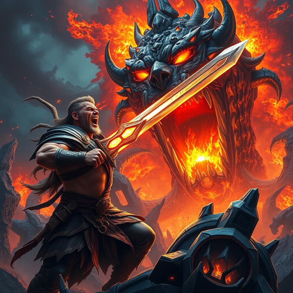 Warrior vs Monster in Fantasy Battle Scene