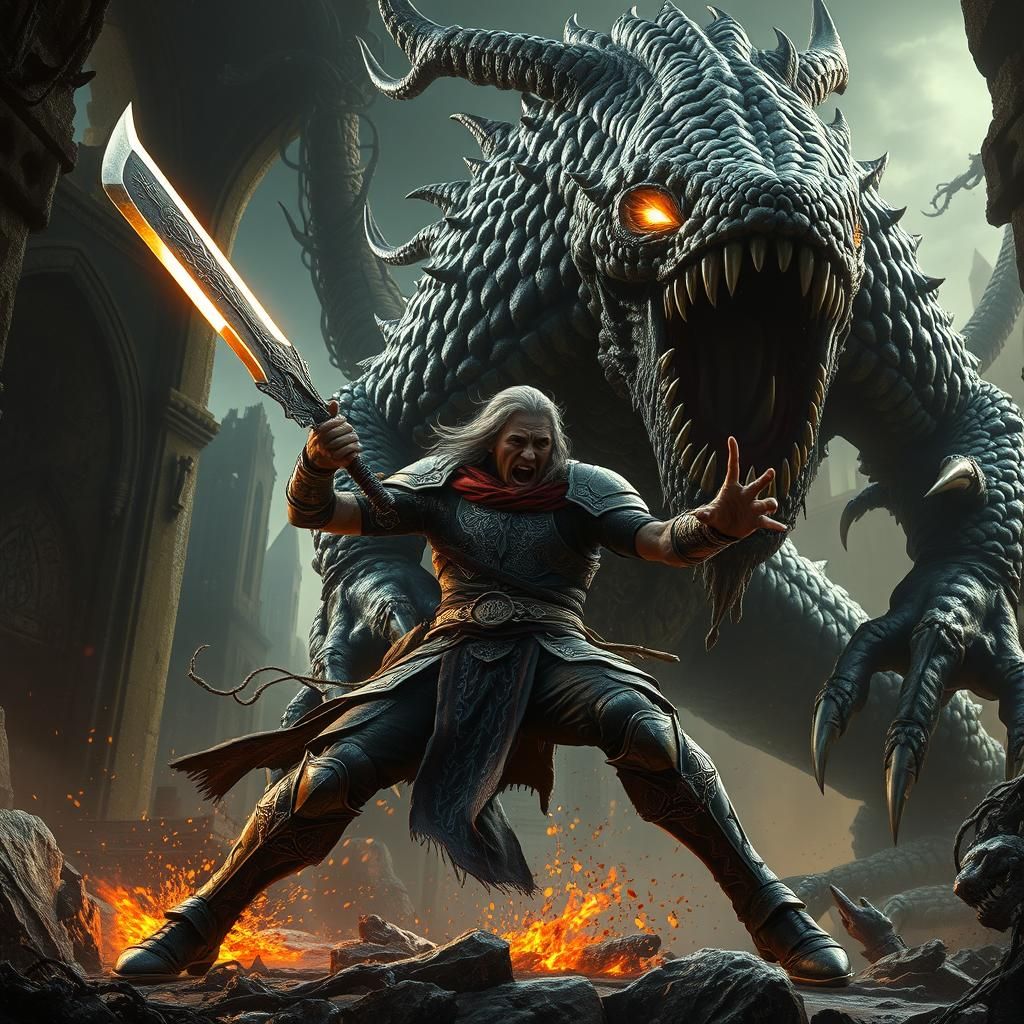 Warrior's Roar: Battle Against a Gargantuan Monster