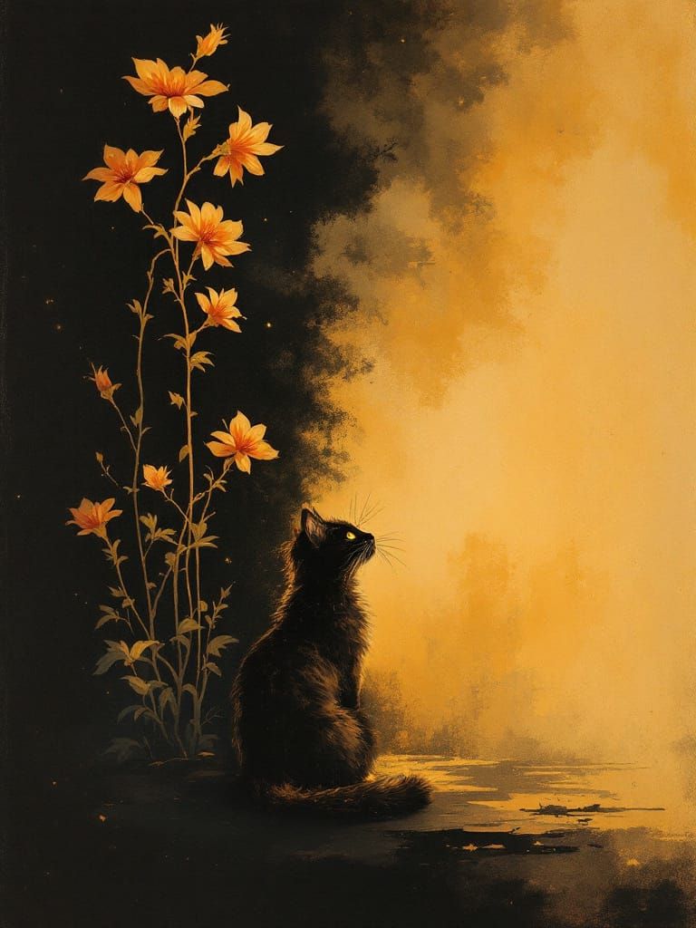 Cat Gazing Up at Orange Blooms in Amber Light