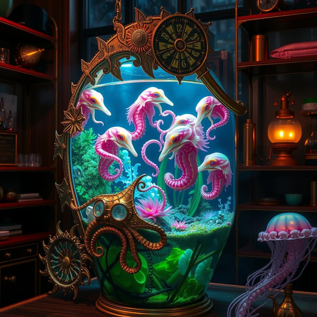 Steampunk Seahorse Aquarium Teeming with Alien Life