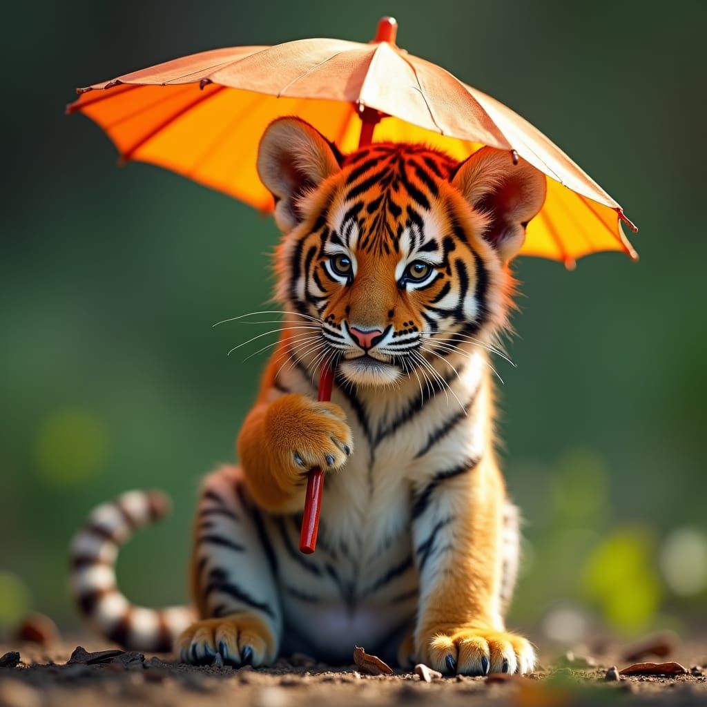 Golden Tiger Cub Sits on Back Foot with Flower Umbrella in J...