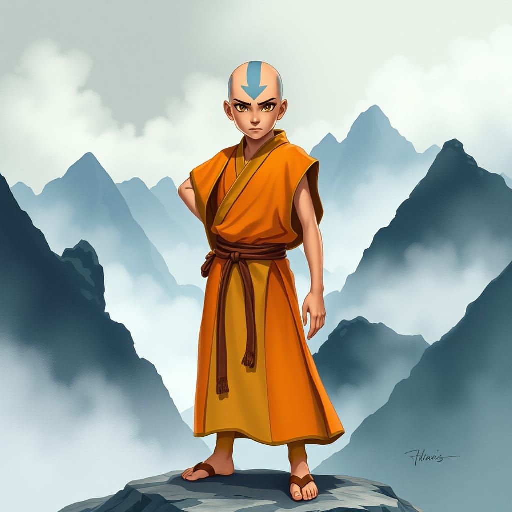 Heroic Air Nomad in Ethereal Mountain Landscape