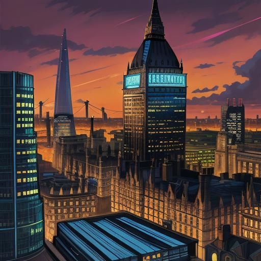 Cityscape of London in Comic Book Art Style