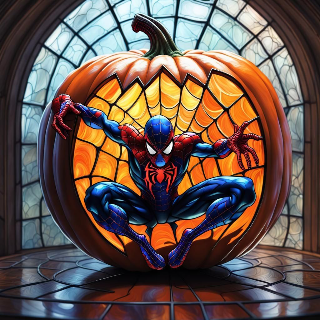 spiderman carved in a transparent stained glass pumpkin