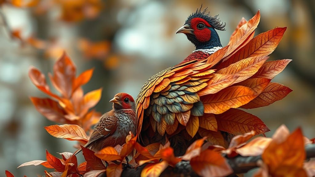 Autumn Leaf Pheasant Feeds Baby Bird