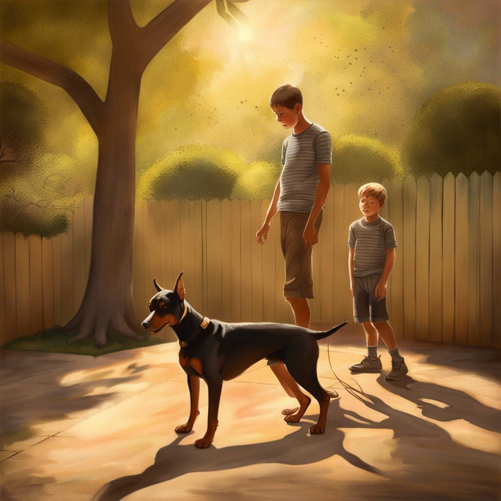 Two Teenage Boys playing with there Doberman pinscher in the backyard that has a playground and some trees Camille Pissa...
