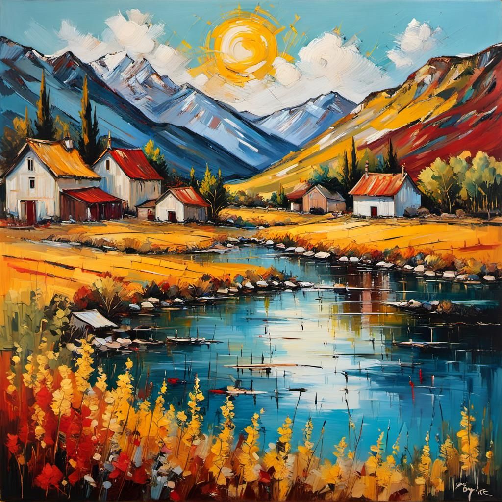 Vibrant Village Scene Along a Serene Lake in Expressive Brus...