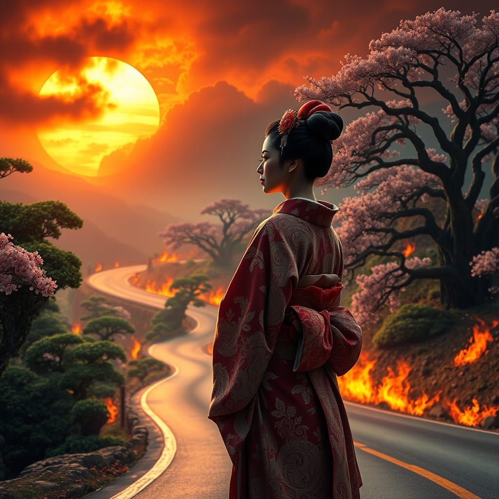 Serene Geisha Amidst Burning Road in Traditional Attire