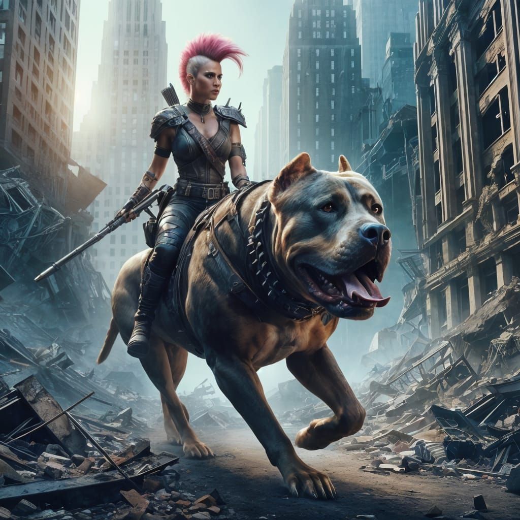 Epic Warrior Woman Rides a Colossal Pitbull through a Desola...