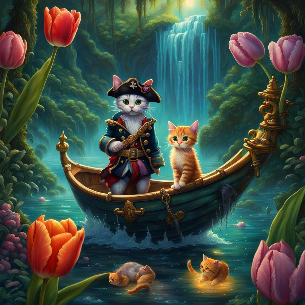 Surreal Iridescent Landscape with Pirate Kitties and Fantast...
