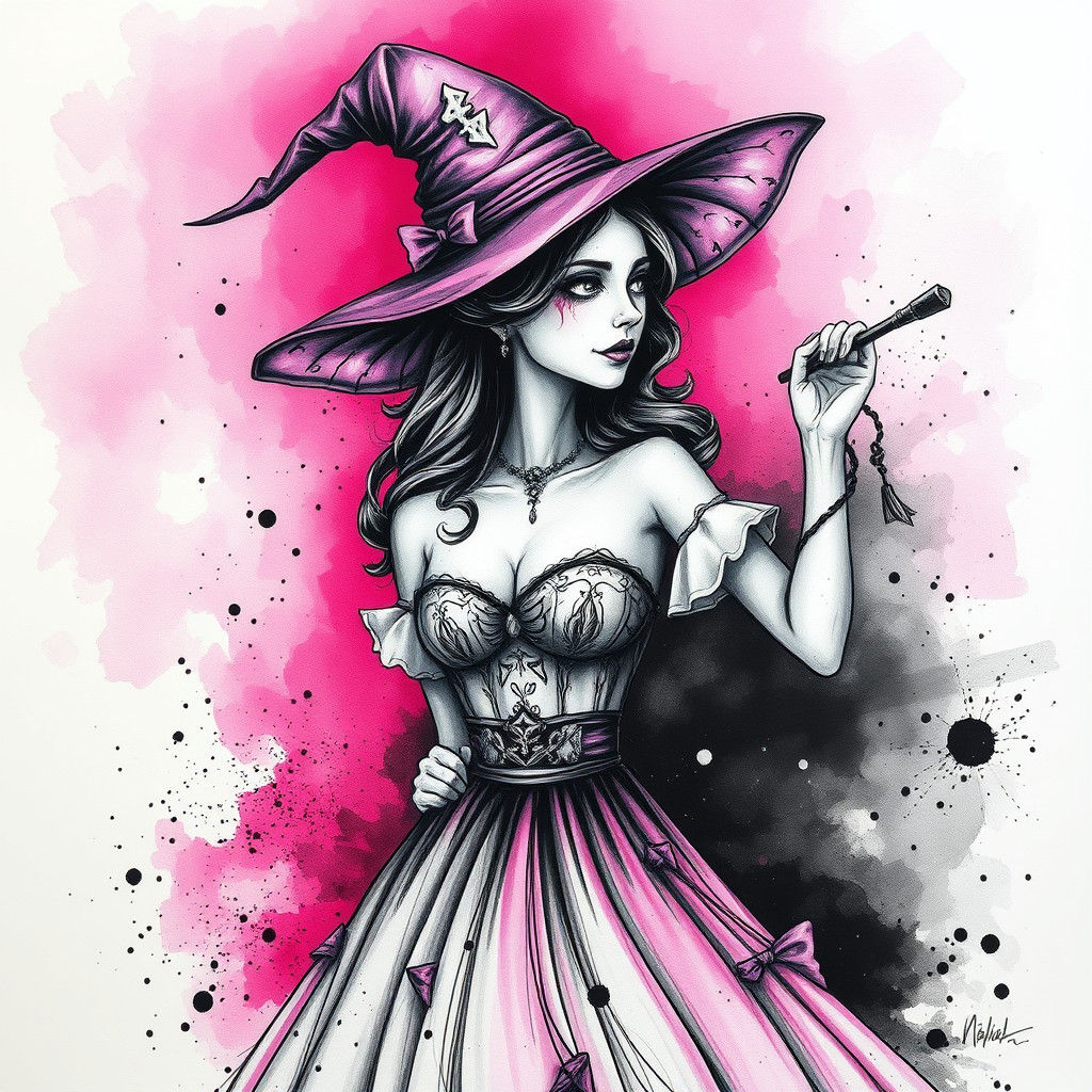 Vibrant Witch in Charcoal Drawing