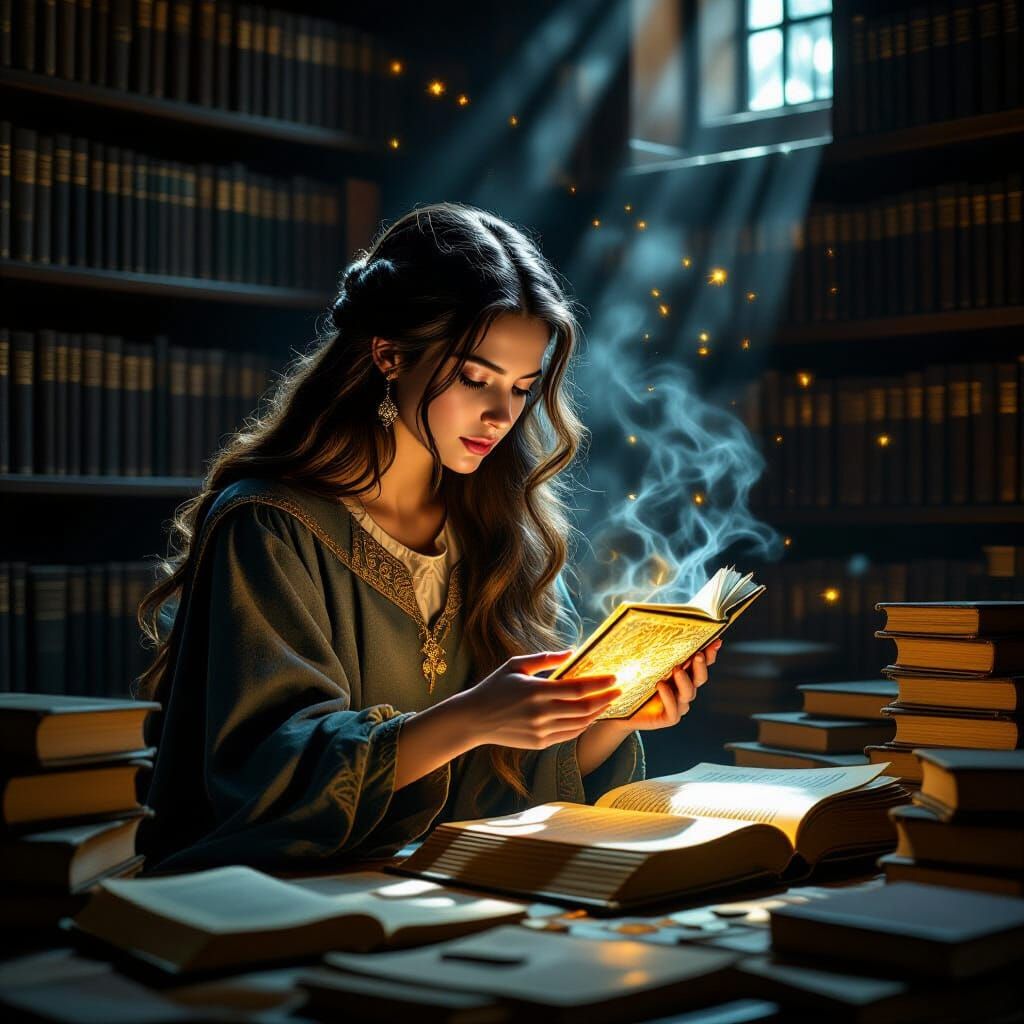 Scholar Discovers Glowing Artifact in Mysterious Library
