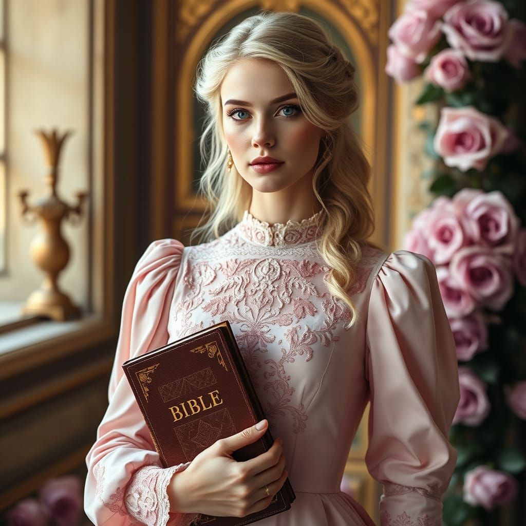 Blonde Queen with Bible in Fairytale Setting