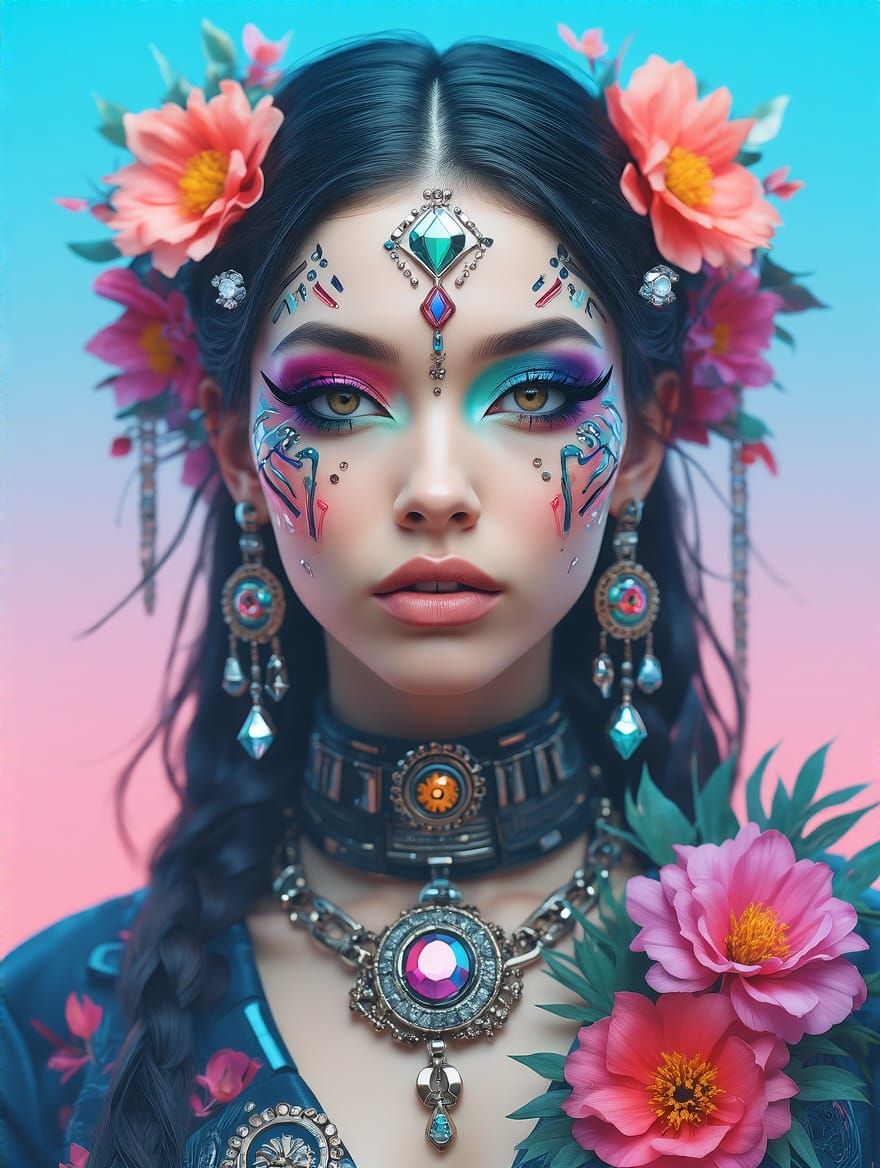 Cyberpunk Goddess with Vibrant Floral Accents