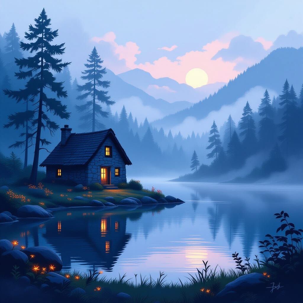 Misty Lake Cottage in Painterly Digital Art