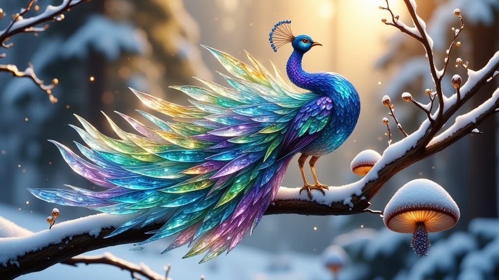 Crystal Peacock Perched on Snowy Tree Branch