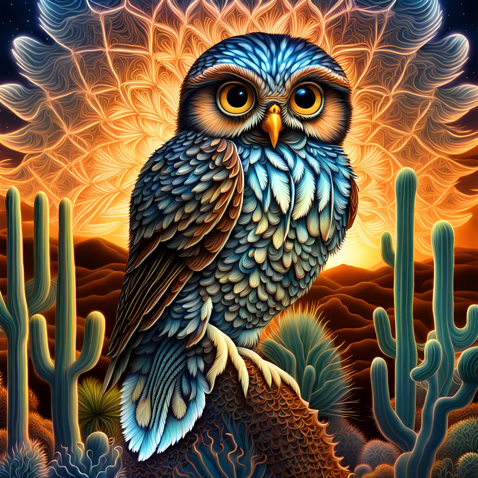 Glowing Pygmy Owl in Vibrant Cosmic Forest