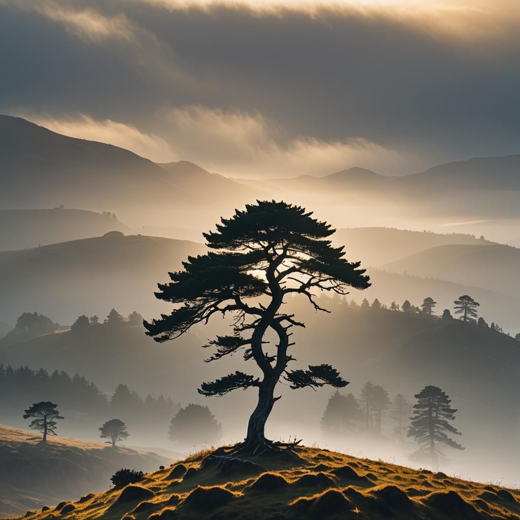 Ethereal Scots Pine Towering Above Misty Hill at Golden Hour
