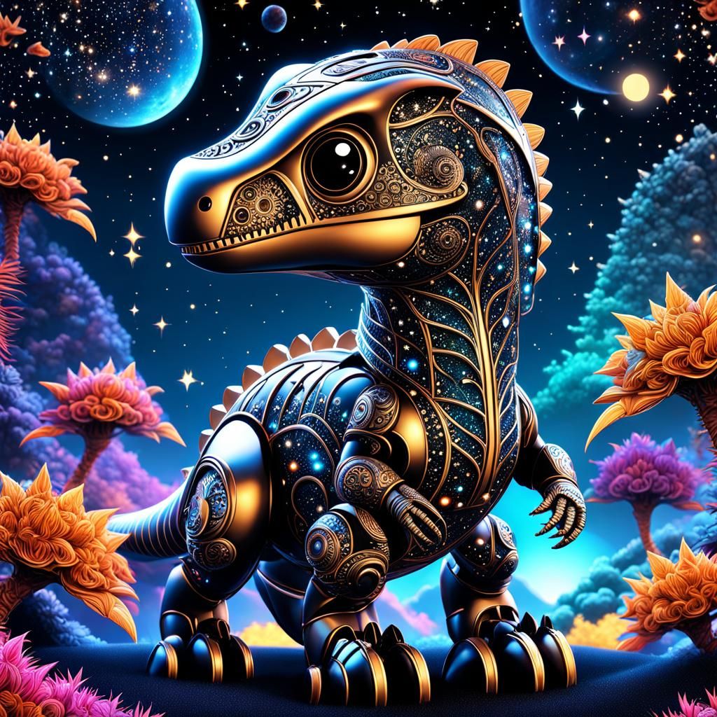 Cute Robot Chibi Dinosaur in a Starry Galaxy Night Sky
