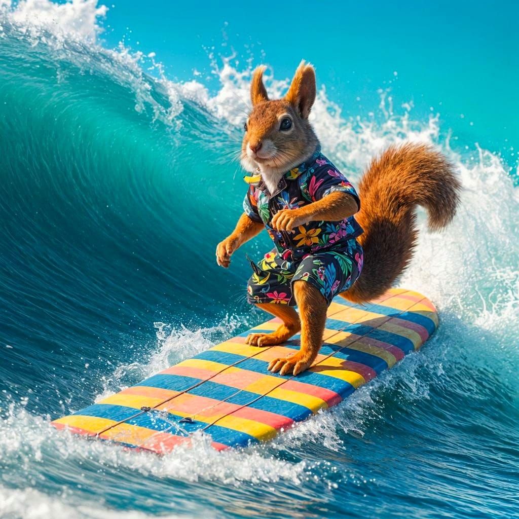 Surreal Squirrel Rides the Wave in Hawaiian Style