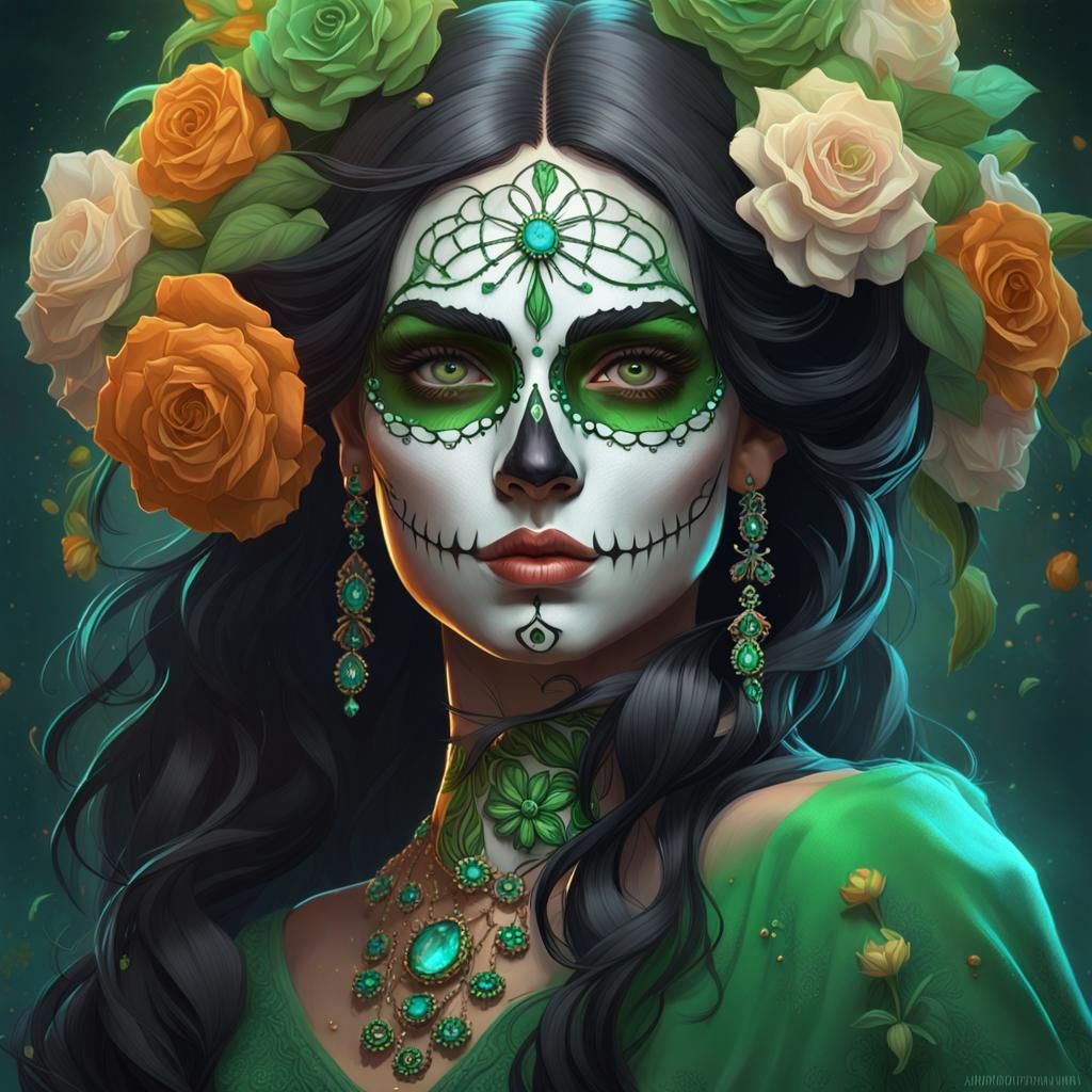 La Catrina in Vibrant Green with Flowers and Swirling Hair