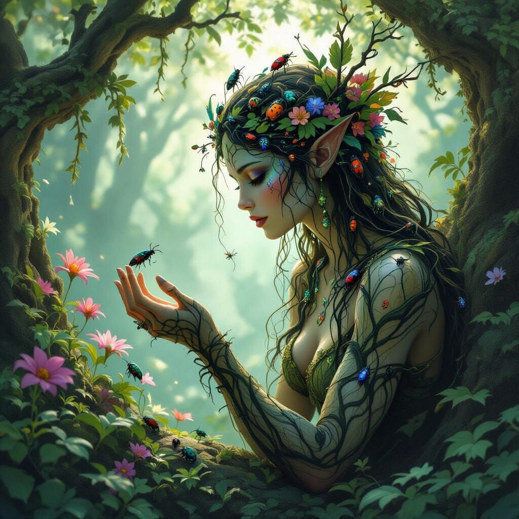 Mysterious Dryad Talking to Plants Amidst Swarms of Insects
