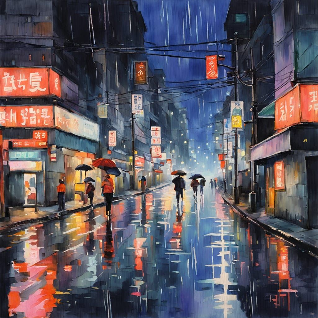 Rainy Tokyo Street at Night in Impressionist Style