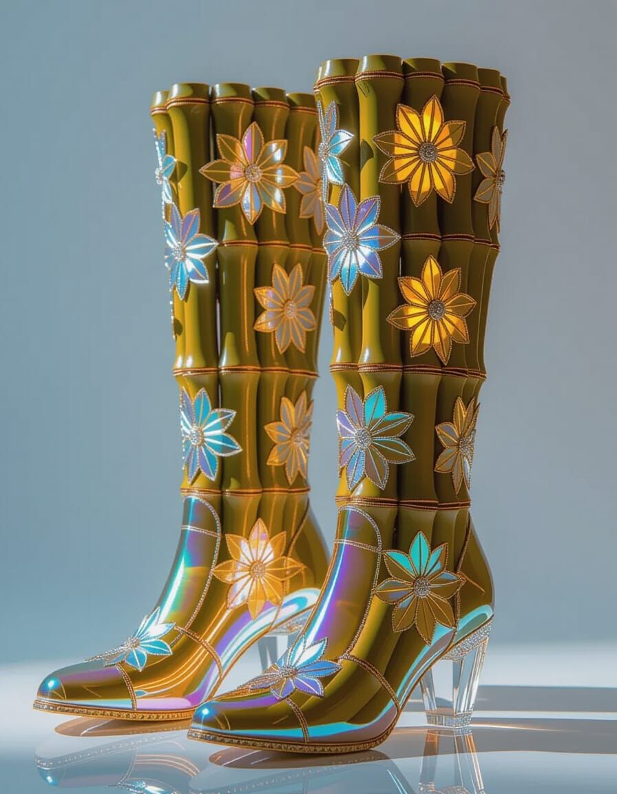 Iridescent Crystal Bamboo Boots with Golden Floral Prints