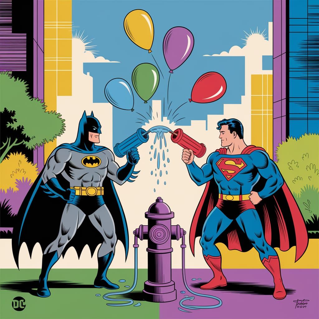 Batman and Superman Water Balloon Fight, 1960s Comic Style