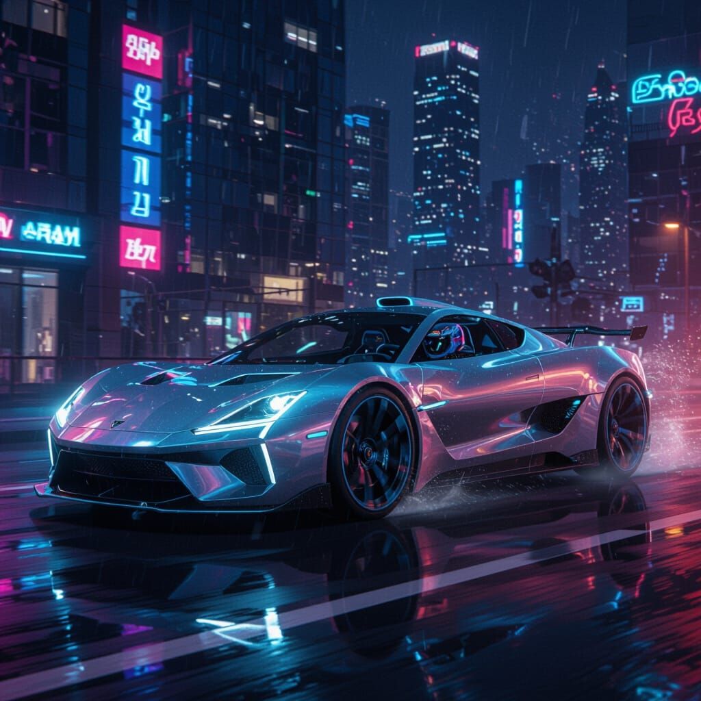 Futuristic Sports Car Drifts Through Neon City on Rainy Nigh...