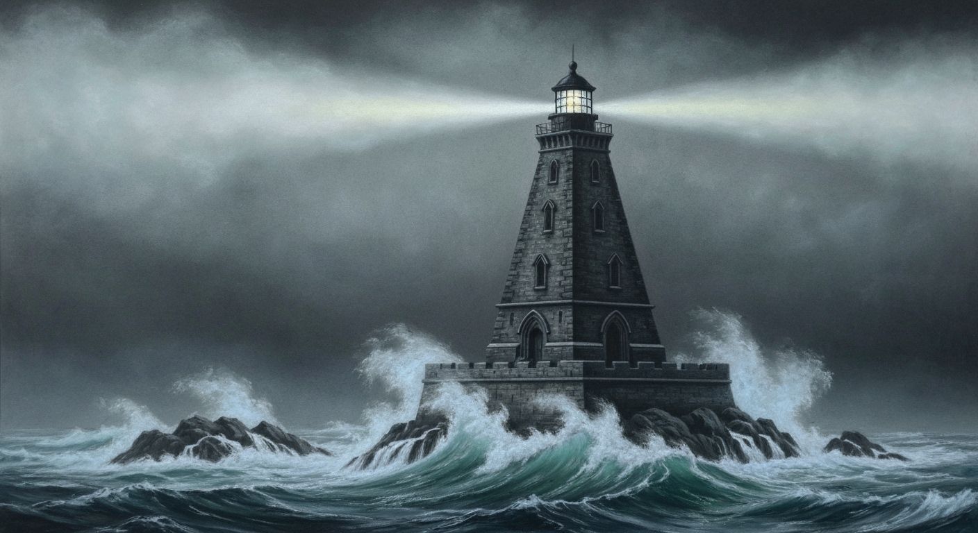 Gothic Lighthouse in Fog and Storm