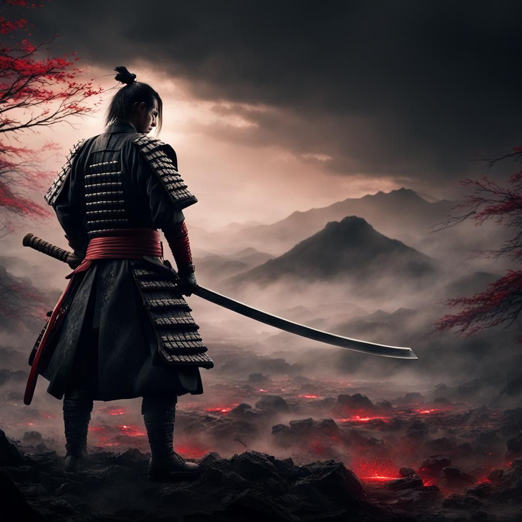Medieval Samurai in Haunting Dark Landscape
