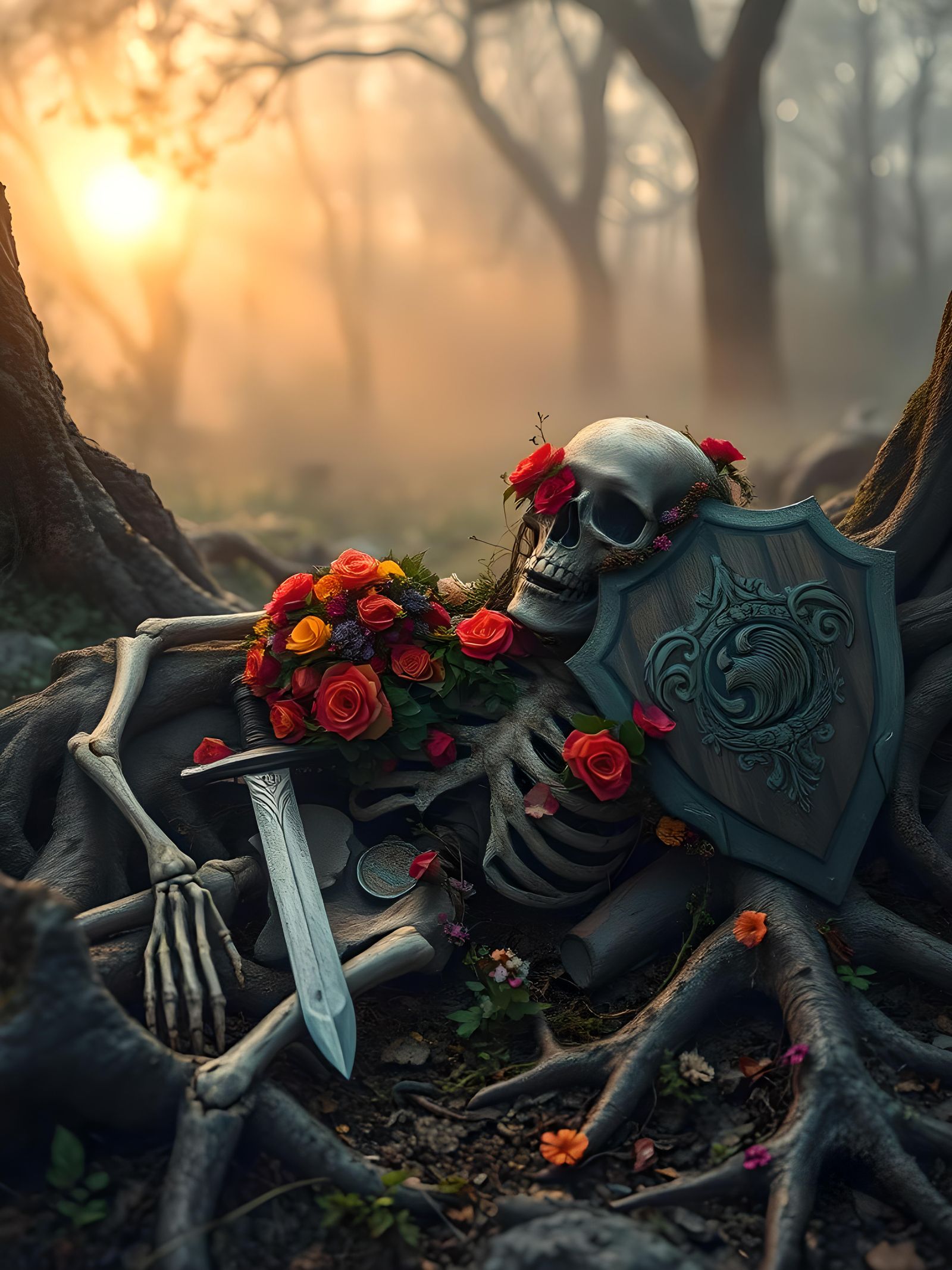 Skeleton and Blooming Flowers in Epic Digital Landscape