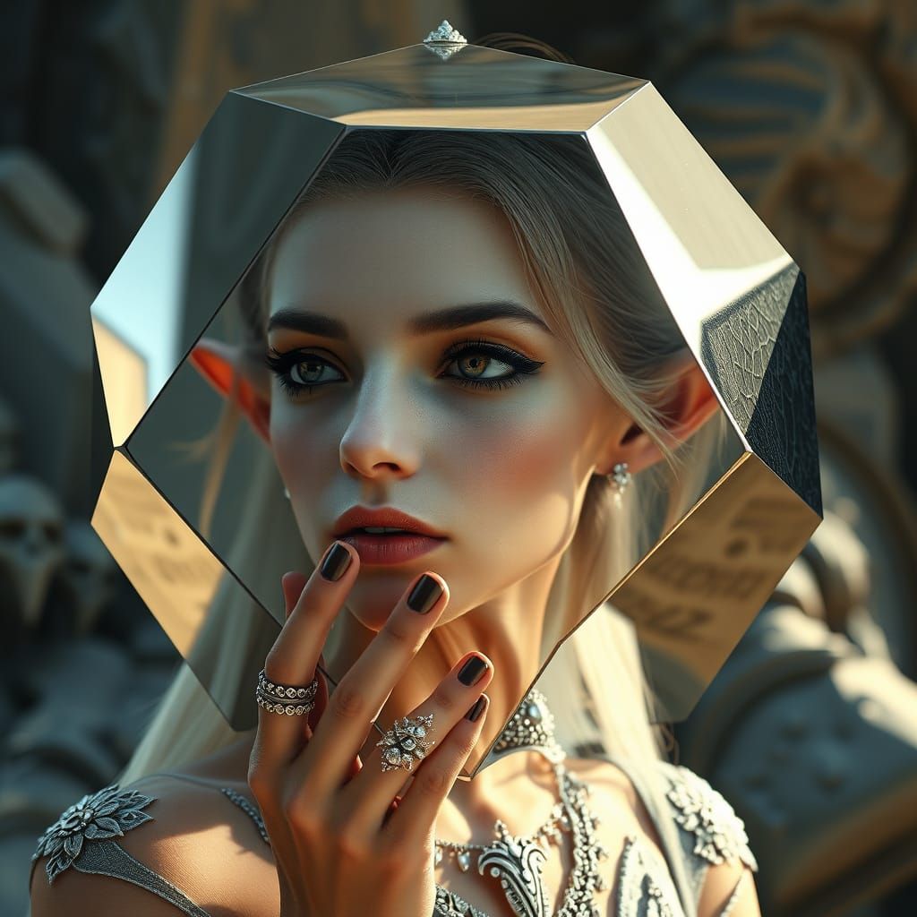 Elegant Elf Gazing into Mirrored Dodecahedron