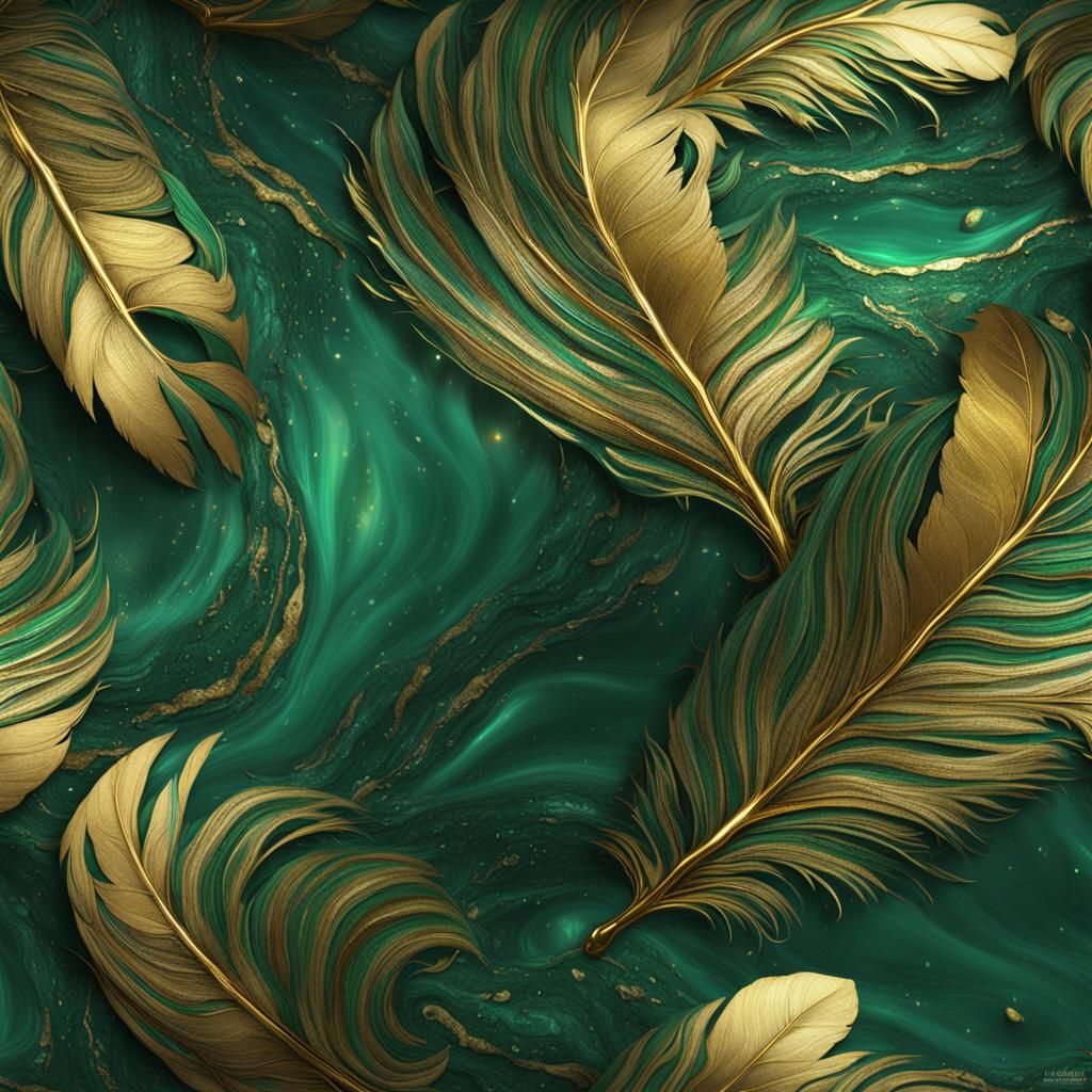 Surreal Fantasy Landscape with Royal Green-Golden Marble and...