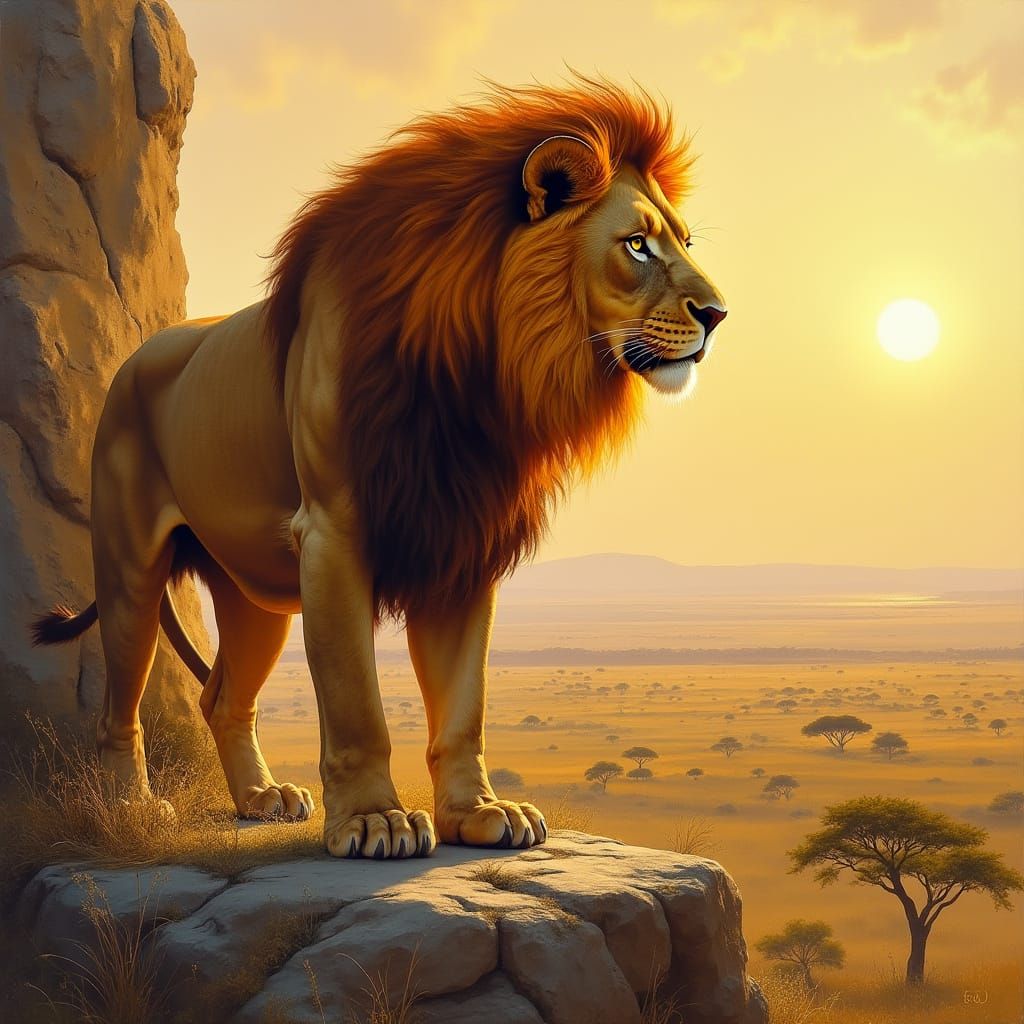Fiery Lion on Savanna Cliff in Oil Painting Style