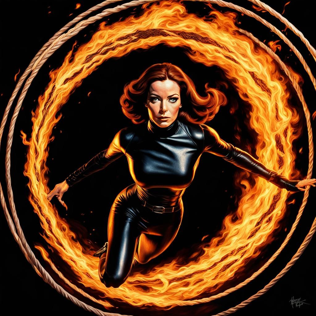 Emma Peel Leaps Through Fiery Hoop in Cinematic Style
