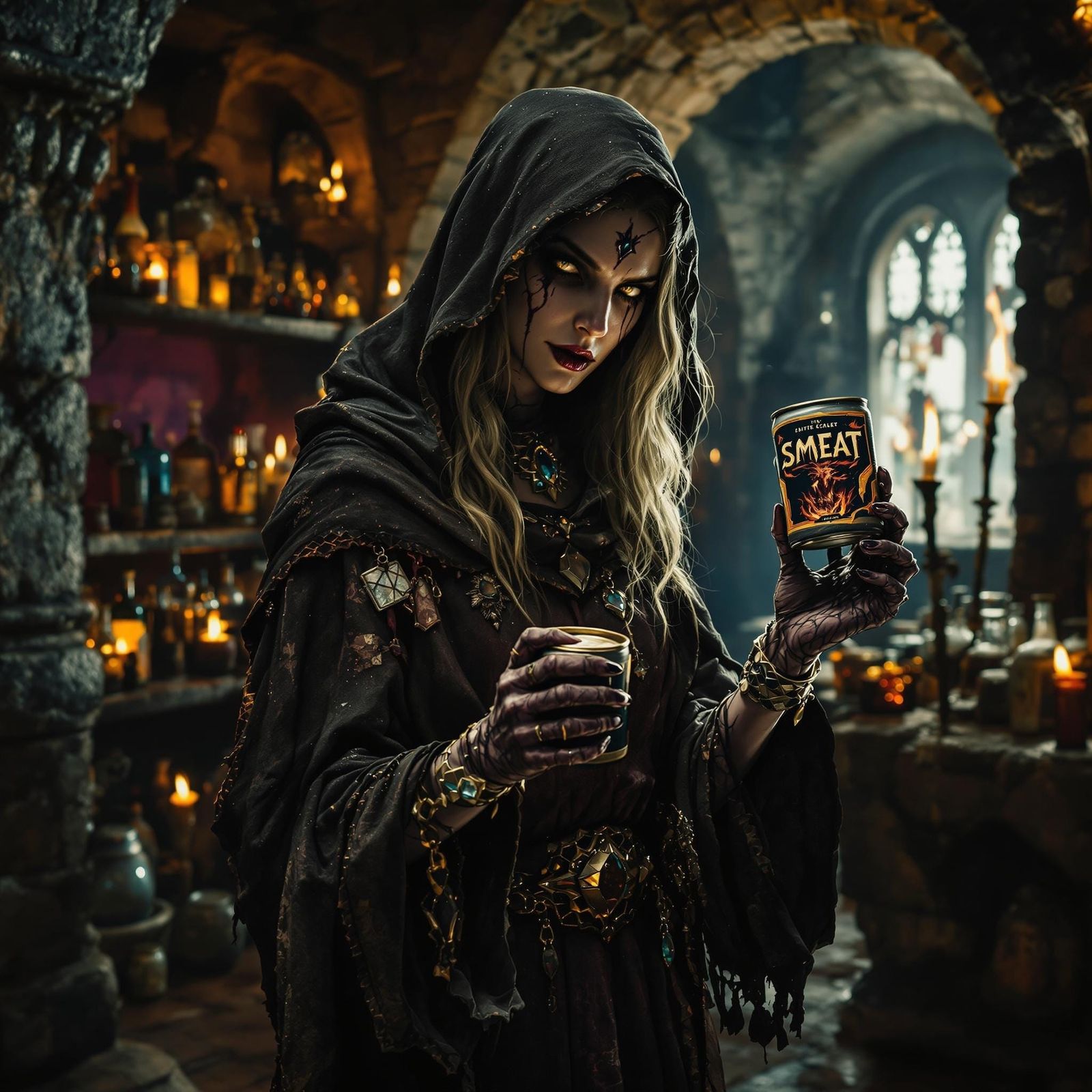 Medieval Sorceress with Glowing Smeat Can