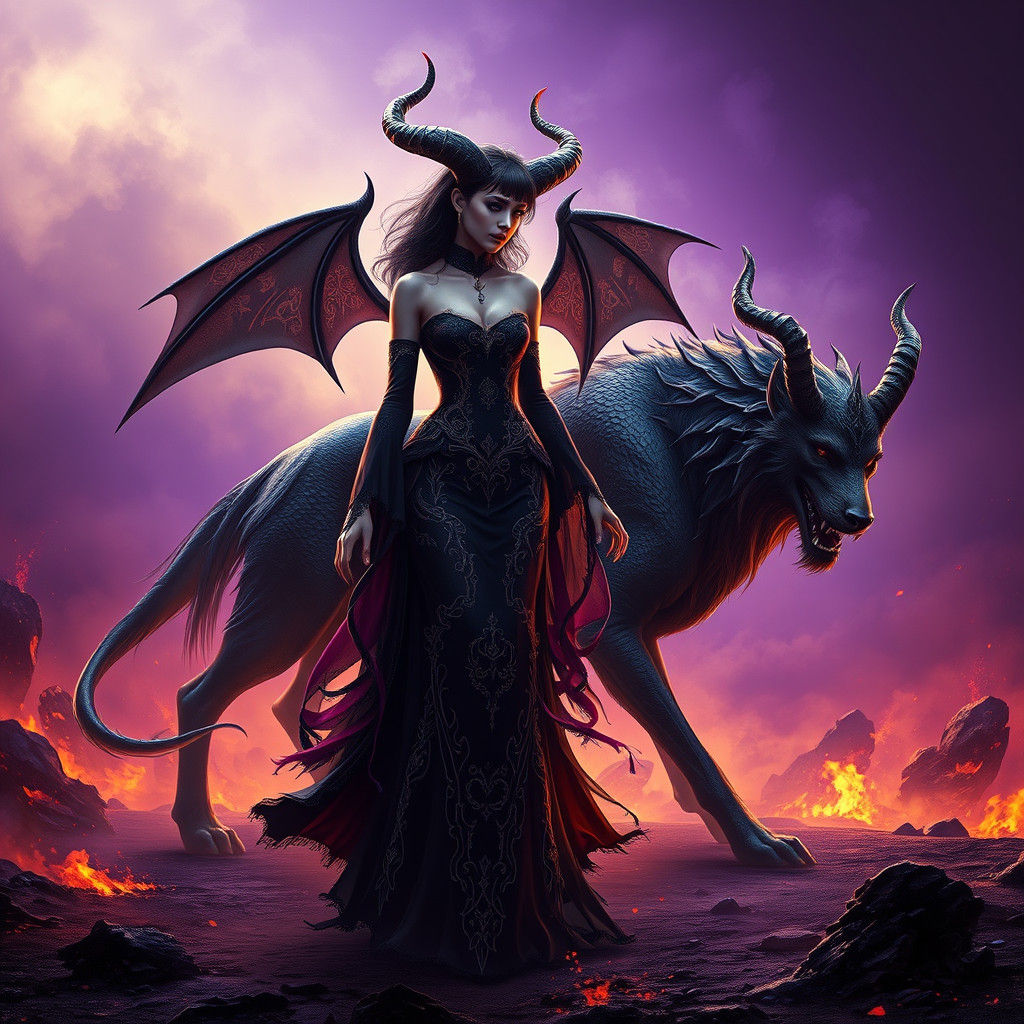 Dark Fantasy Demoness with Hellhound, in Victorian-Inspired...