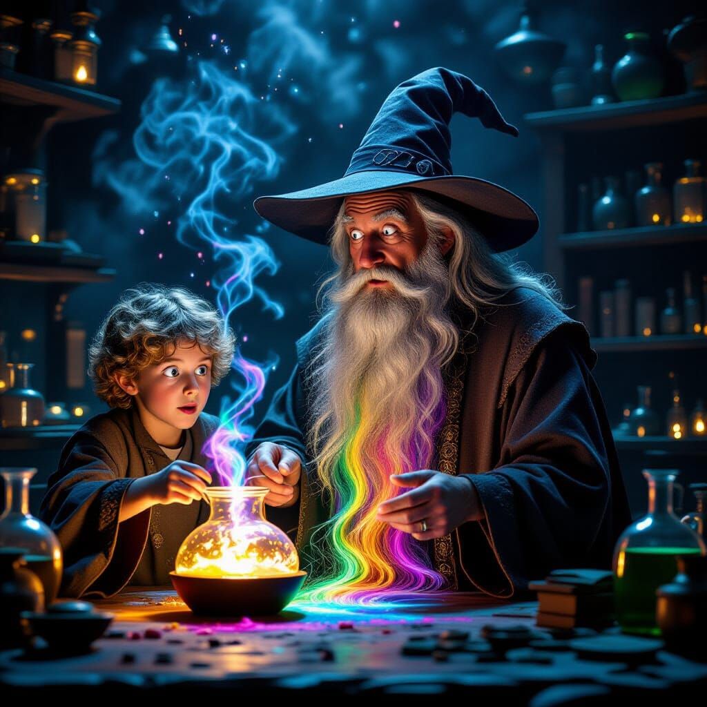 Wizard Apprentice's Rainbow Beard Mishap in Dramatic Lightin...