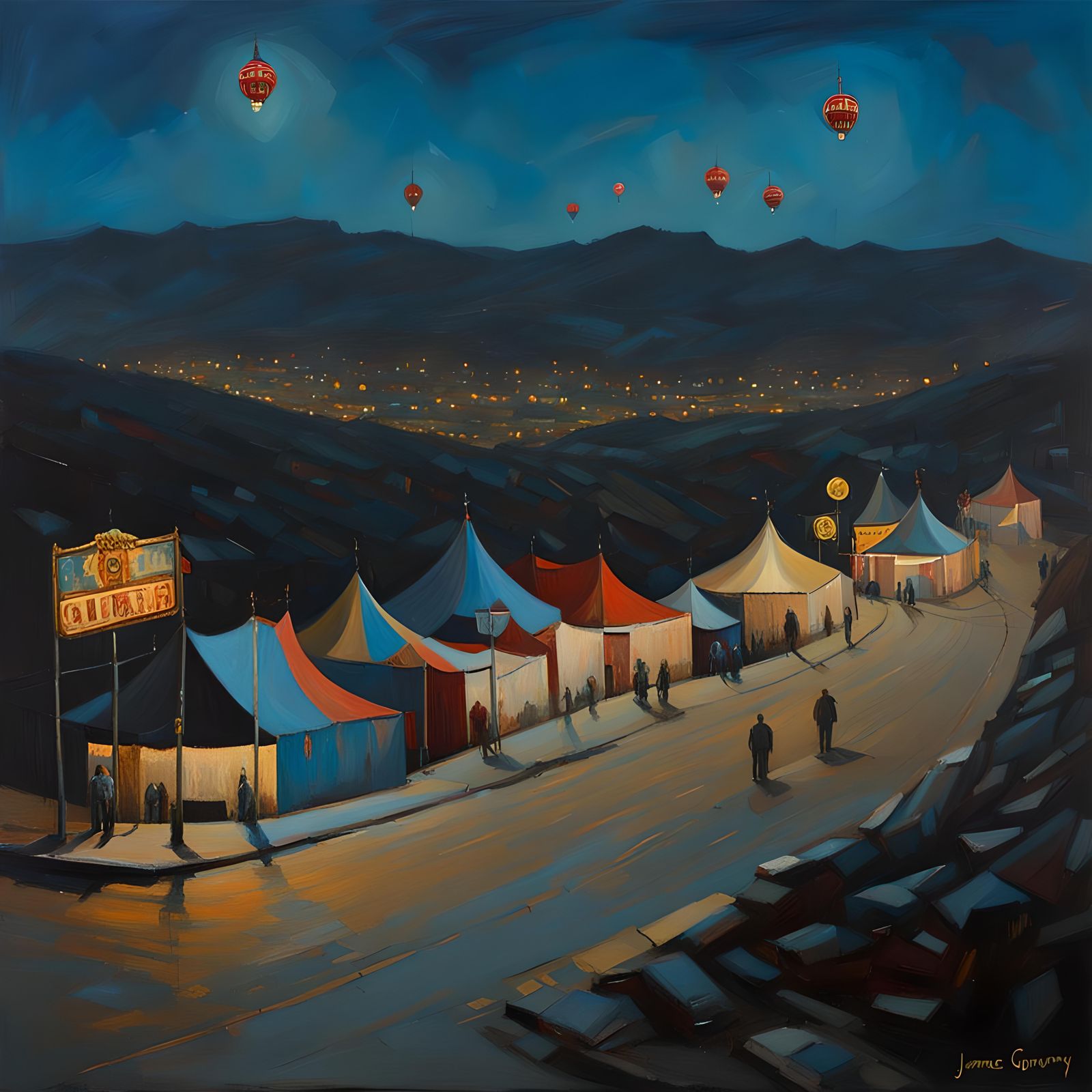 Ethereal Nighttime Circuses on a Dark Hillside