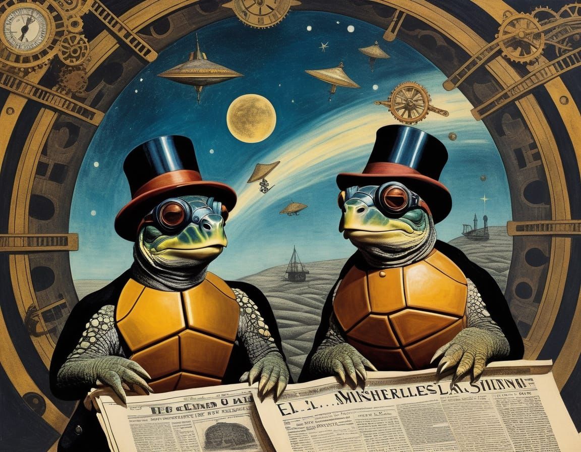 Steampunk Turtles in Spaceship Double Exposure Collage