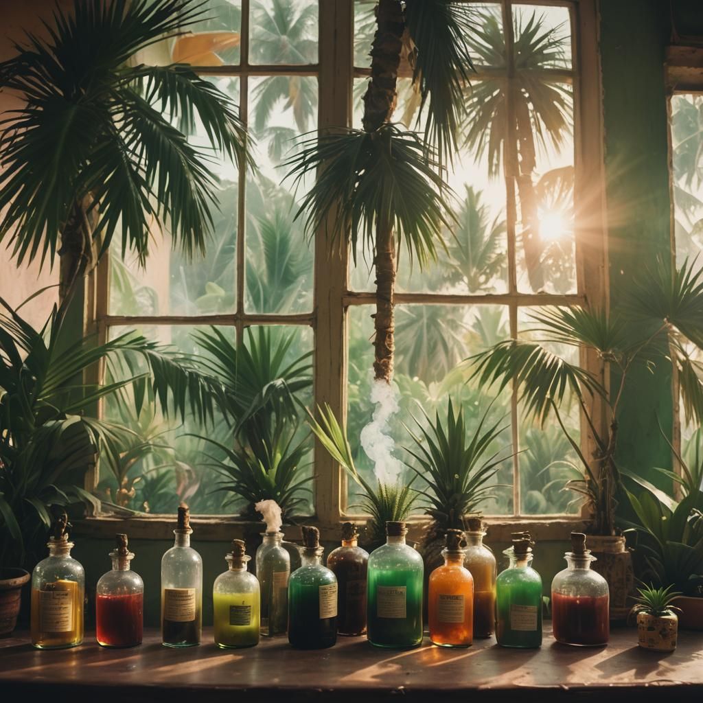 Tropical Oasis with Vibrant Herbal Remedies and Palm Trees