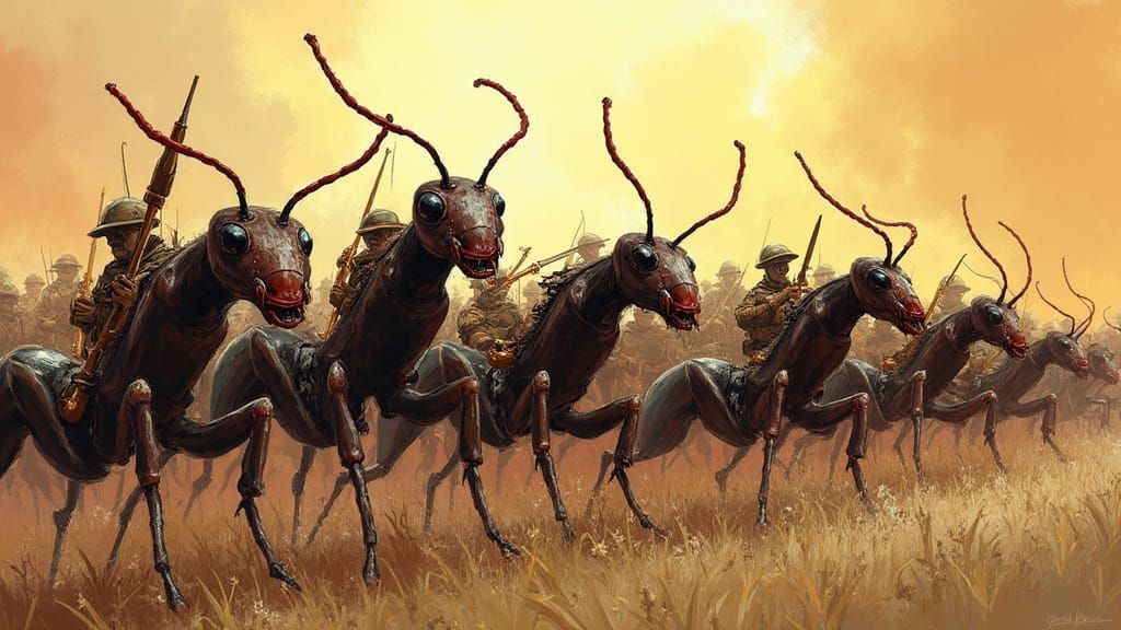 Animated Army Ants in Combat Gear on Battlefield