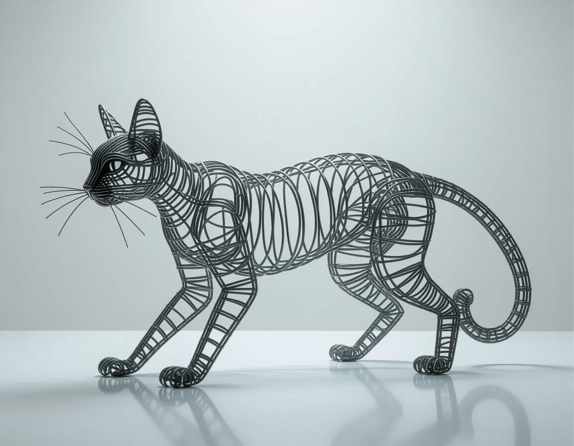 Intricate Gray Wire Feline Sculpture in Cinematic Style