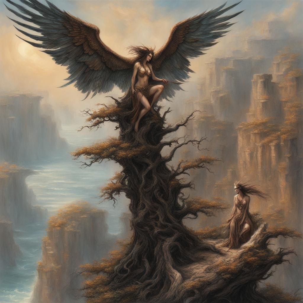 Harpies perched on a windswept sea cliff tree